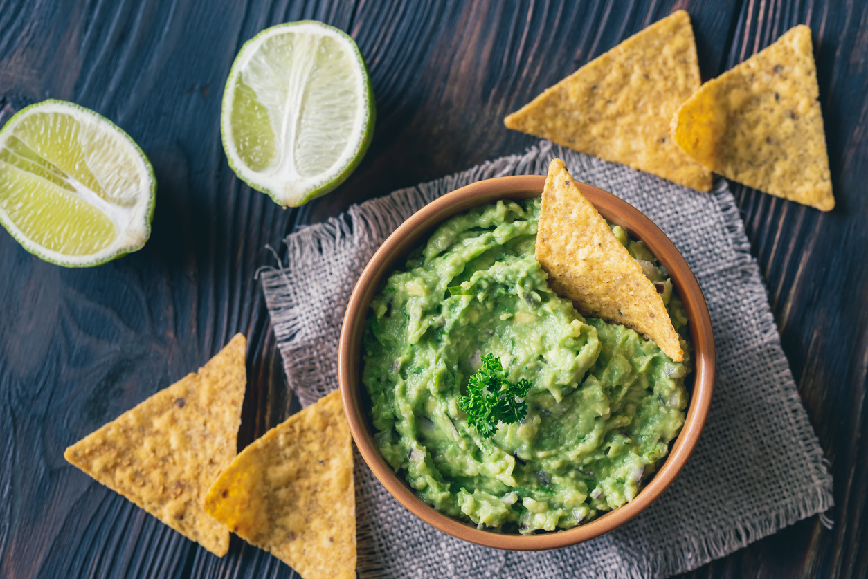 overhead view of chips in guacamole